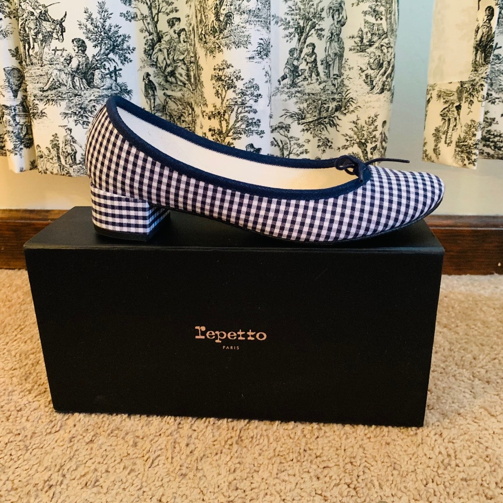 Repetto blue gingham chunk heel